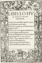 Strona tytułowa z książki „Obrona siedmiu sakramentów” króla Henryka VIII, wydrukowanej przez Richarda Pynsona w 1521 r., z „The National and Domestic History of England” Williama Hickmana Smitha Aubreya (1858-1916) pu